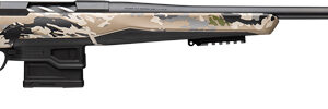 Camouflage bolt-action rifle with scope and long barrel