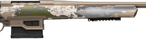 Camouflaged bolt-action rifle with long barrel