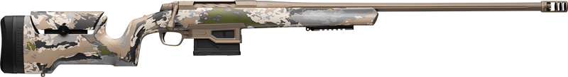 Camouflage bolt-action rifle with long barrel