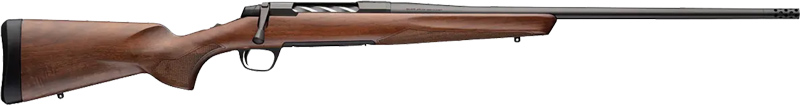 Bolt-action rifle with wooden stock on white background