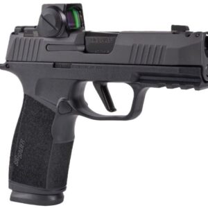 Black semi-automatic pistol with mounted red dot sight