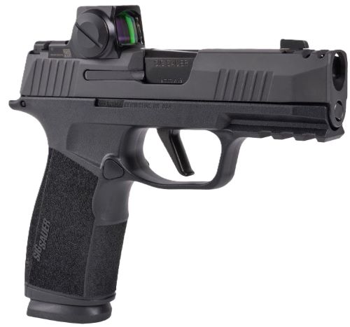 Black semi-automatic pistol with mounted red dot sight