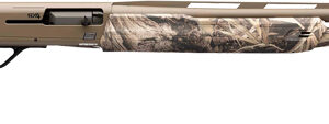 Camouflage pump-action shotgun on white background