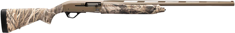 Camouflage pump-action shotgun on white background