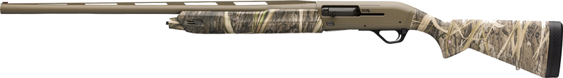 Camouflage pump-action shotgun on white background