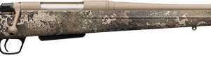 Camouflage bolt-action rifle on white background