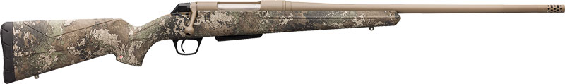 Camouflage bolt-action rifle on white background