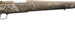 Camouflage bolt-action rifle with long barrel