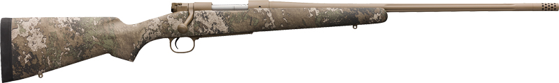 Camouflage bolt-action rifle with long barrel
