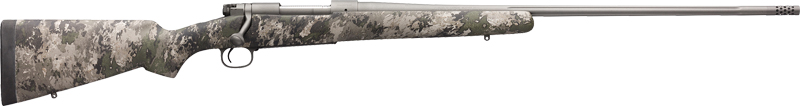 Camouflage bolt-action rifle with long barrel