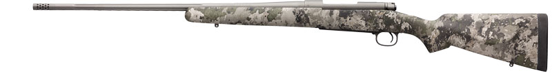 Camouflage bolt-action rifle on white background