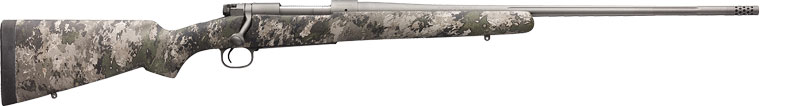 Camouflaged bolt-action rifle on white background