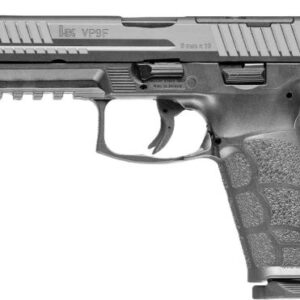 Black semi-automatic handgun on white background