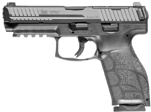 Black semi-automatic handgun on white background