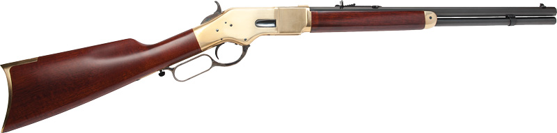 Lever-action rifle with wooden stock and brass receiver