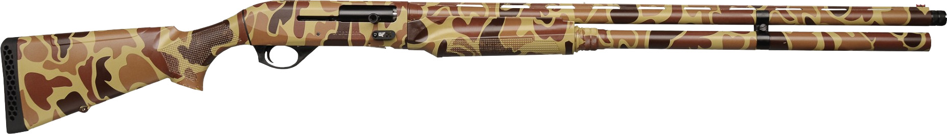 Camouflage pump-action shotgun on white background