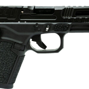 Black semi-automatic handgun on white background