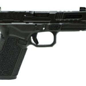 Black semi-automatic pistol with threaded barrel