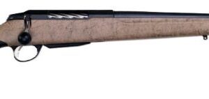 Bolt-action rifle with wooden stock on white background
