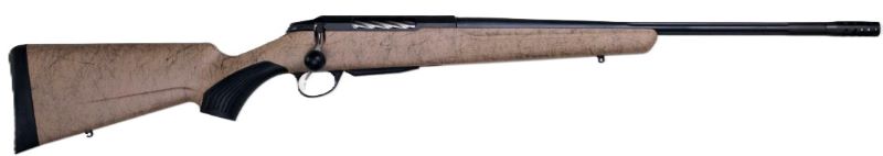 Bolt-action rifle with wooden stock on white background