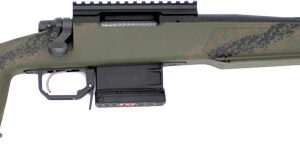 Camouflage bolt-action rifle with mounted scope rail