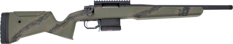 Camouflage bolt-action rifle with mounted scope rail