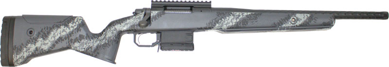 Bolt-action rifle with camo stock and scope rail