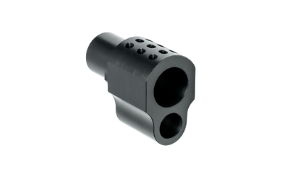 Black metal firearm muzzle device with dual ports