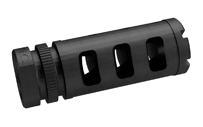Black metal muzzle brake with side ports