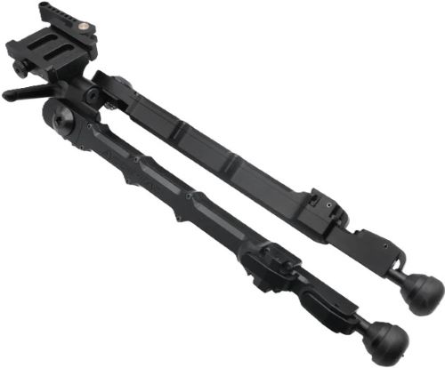 Black adjustable rifle bipod on white background