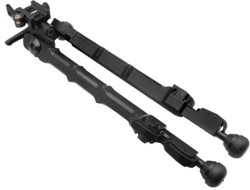 Adjustable black rifle bipod on white background