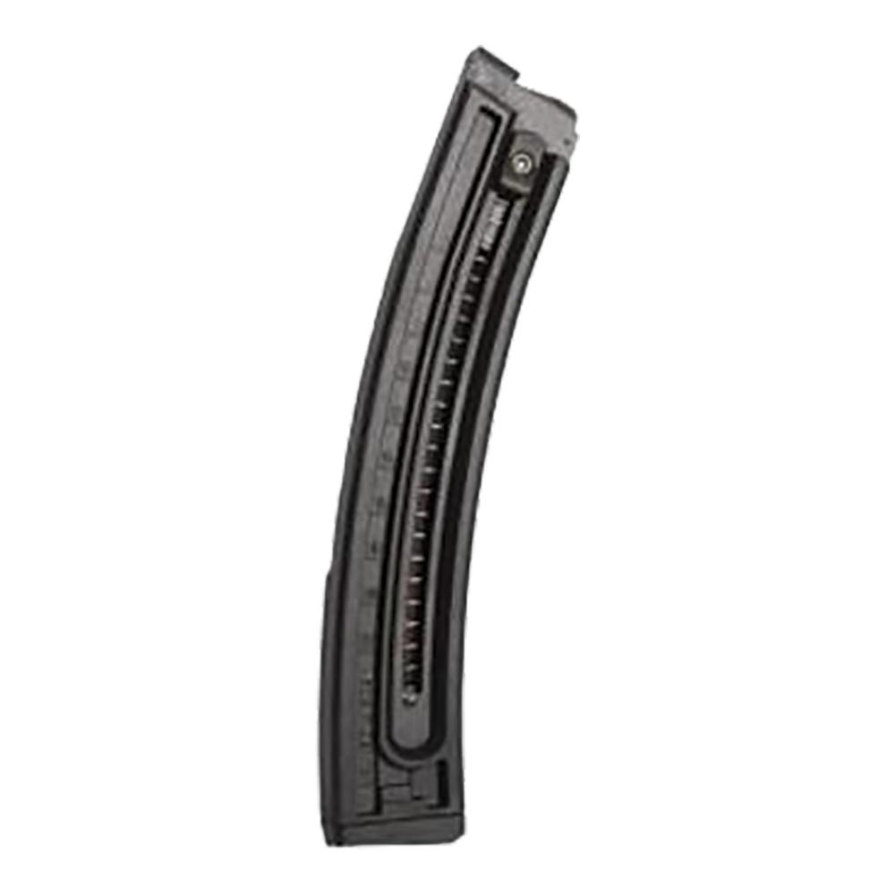 Curved black rifle magazine on white background