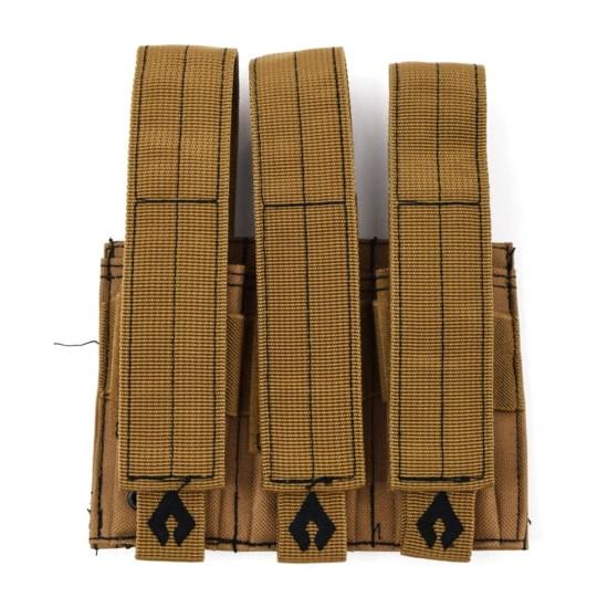 Tan tactical triple magazine pouch with flap closures