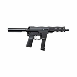 Compact black tactical firearm with extended magazine