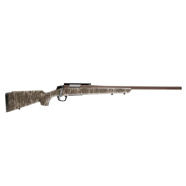 Bolt-action rifle with camouflage stock and long barrel
