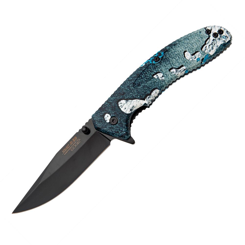 Black folding pocket knife with textured blue handle