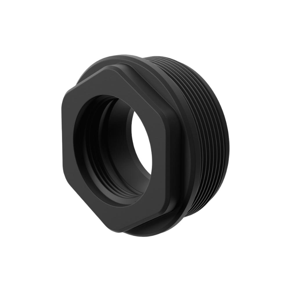 Black plastic threaded bulkhead fitting with square flange