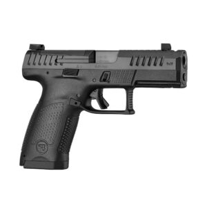 Black semi-automatic handgun on white background