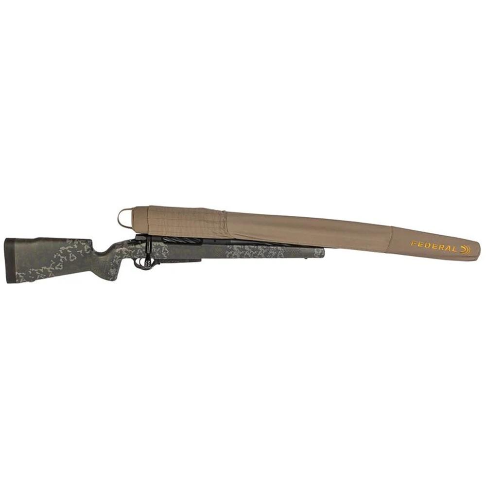 Bolt-action rifle with camo stock and sleeve