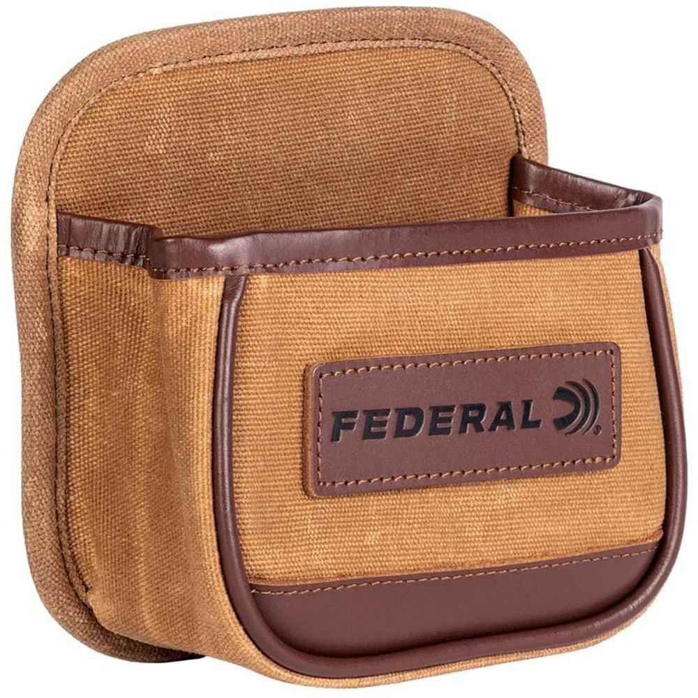 Tan canvas pouch with leather trim and handle