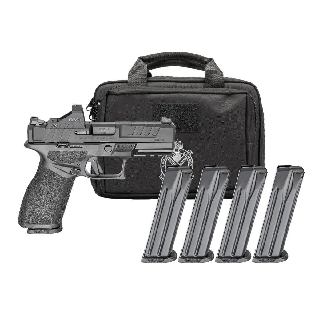 Handgun with four magazines and carrying case