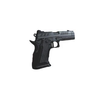 Black semi-automatic pistol on white background