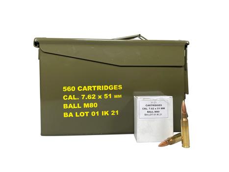Green ammo can with 7.62mm cartridges