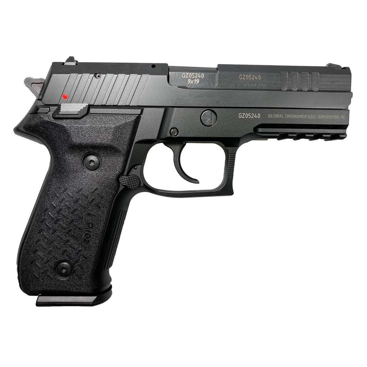 Black semi-automatic handgun on white background