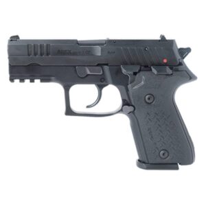Black semi-automatic handgun on white background