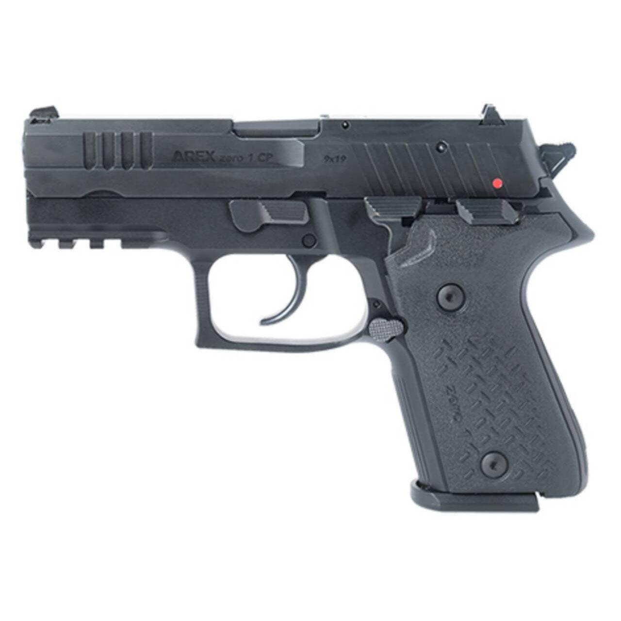 Black semi-automatic handgun on white background