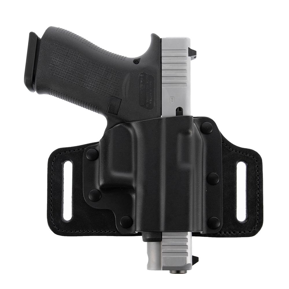 Handgun in black holster on white background