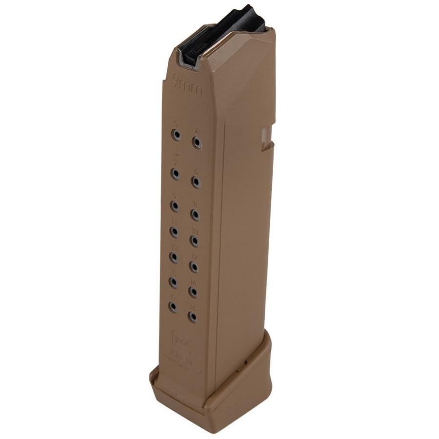 Tan pistol magazine with numbered witness holes