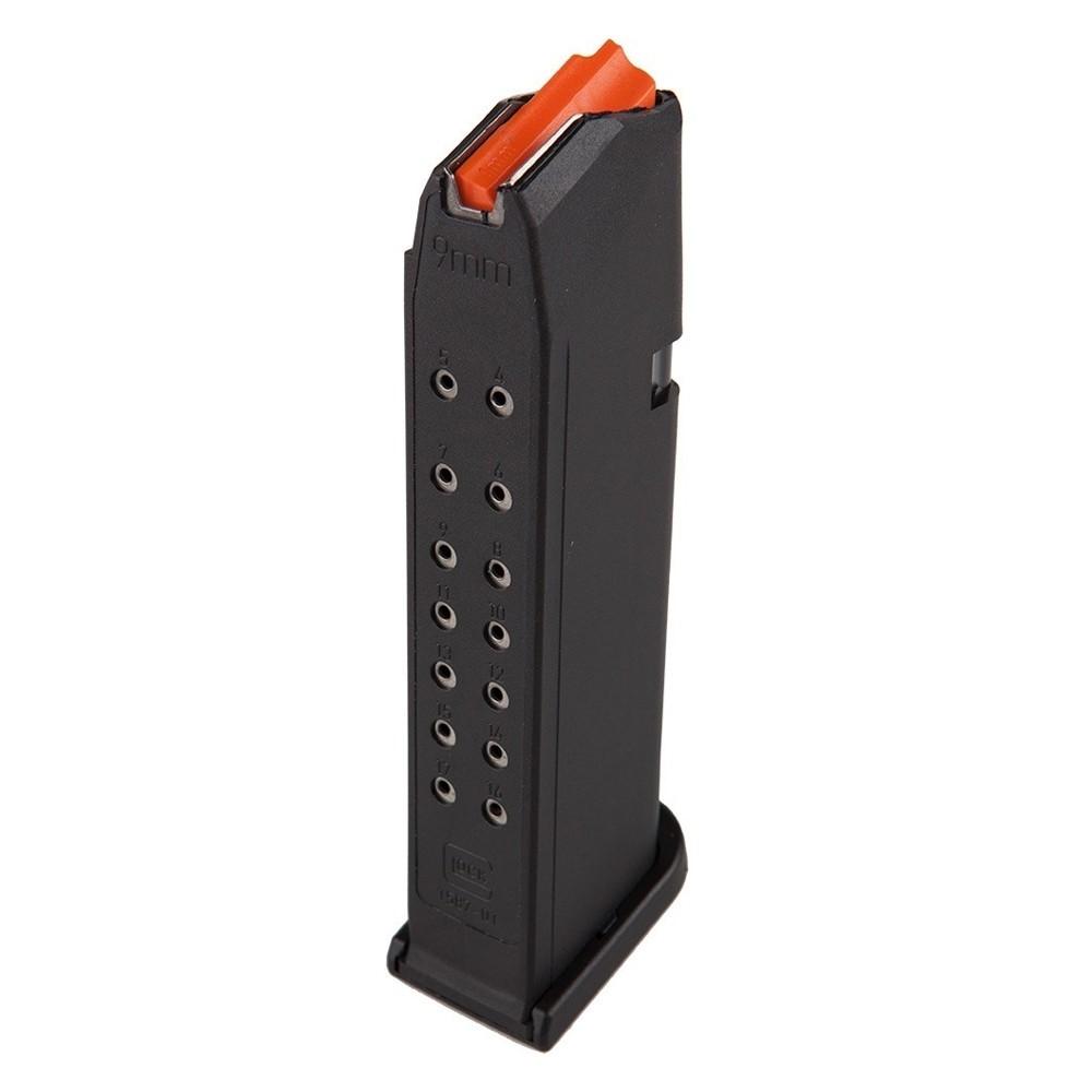 Black 9mm pistol magazine with orange follower