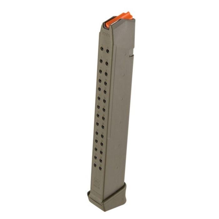 Extended handgun magazine with orange follower